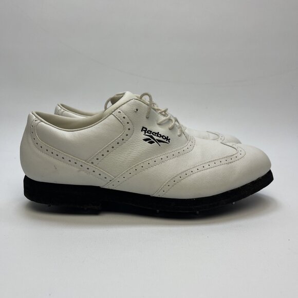 Reebok Golf Shoes White Black Men’s Sz 8 US Oxford Style with Spikes Athletic - Picture 1 of 13
